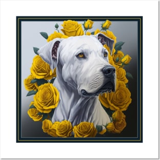 Dogo argentinian yellow roses 2 Posters and Art